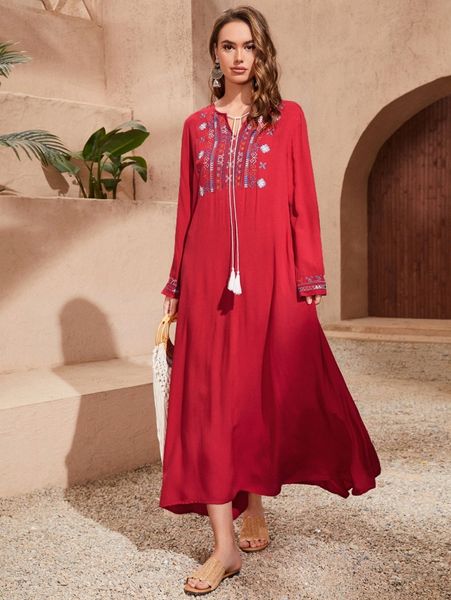 

floral embroidered tie neck tunic dress j6ff#, Black;gray