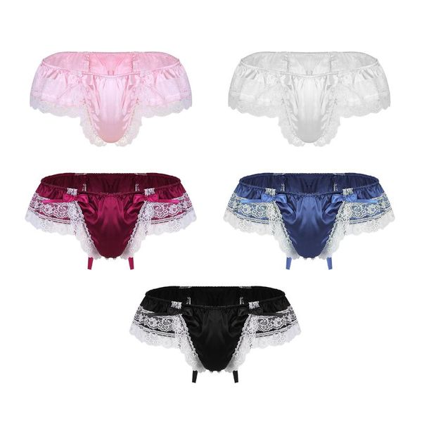 Herren-Strings, Sissy, glänzend, weich, Satin, Dessous, doppellagig, floraler Spitzenrücken mit großer Schleife, Low-Rise-Bikini-Tanga, Unterwäsche für Herren