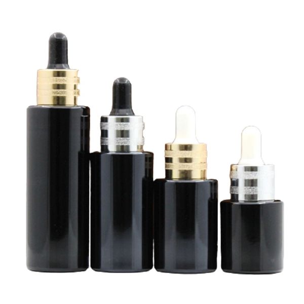 Bottiglia di vetro nera lucida rotonda vuota di lusso Nuovo anello in argento dorato Confezione cosmetica Fiale contagocce di olio essenziale di profumo Contenitore di riempimento 20 ml 30 ml 40 ml 60 ml