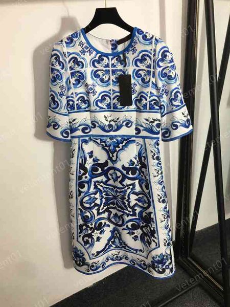 

fashion women dresses blue and white porcelain print short sleeve neat waist slim dress luxury designer women clothing, Black;gray
