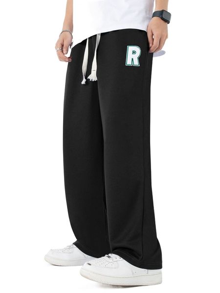 

men letter patch detail drawstring waist sweatpants 45ld#, Black