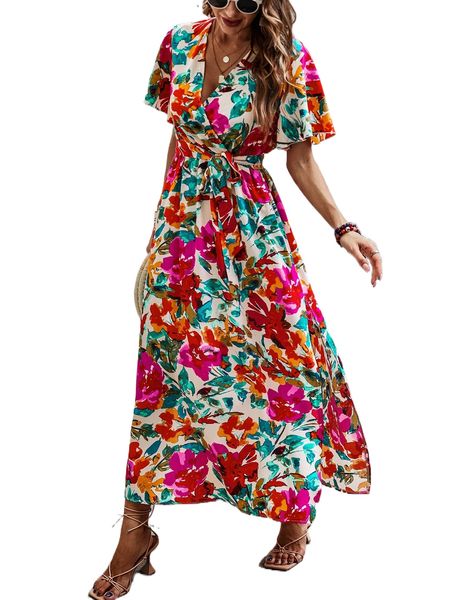

floral print butterfly sleeve split thigh belted dress 09gg#, Black;gray