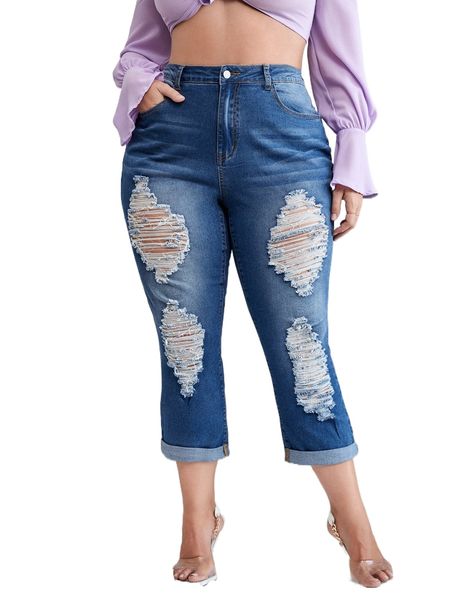 

plus high waist ripped frayed mom fit jeans g96t#, Blue