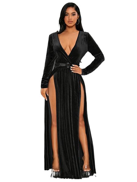 

plunge neck belted -slit hem velvet prom dress 62a8#, Black;gray