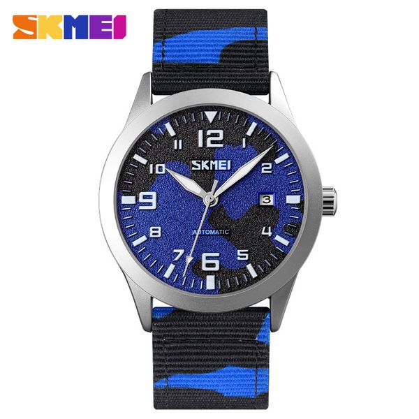 

2022 skmei business mechanical watch men's fashion classic nylon belt camouflage men's automatic mechanical gift, Slivery;brown