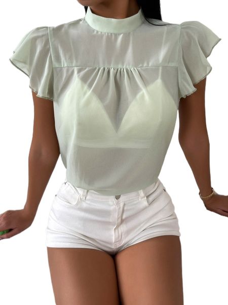 

mock neck butterfly sleeve blouse n91x#, White
