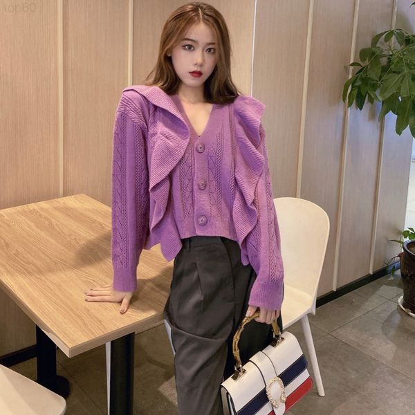

designer he sui same style knitted cardigan 2020 autumn winter new v-neck gentle wind taro purple knitted women's sweater 2002 luxury, White