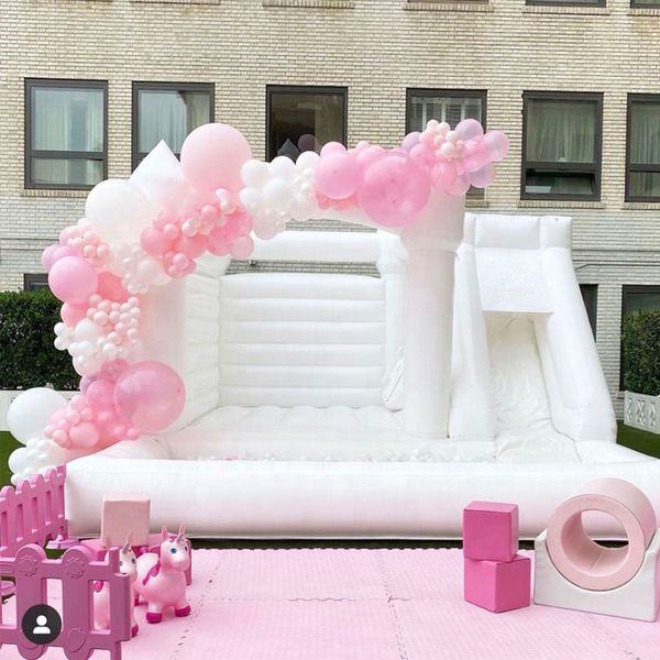 Outdoor Verhuur Bruiloft Opblaasbare Witte Bounce Huis PVC Uitsmijter Springkasteel Met Glijbaan En Ball Pit Pool Voor Kinderen
