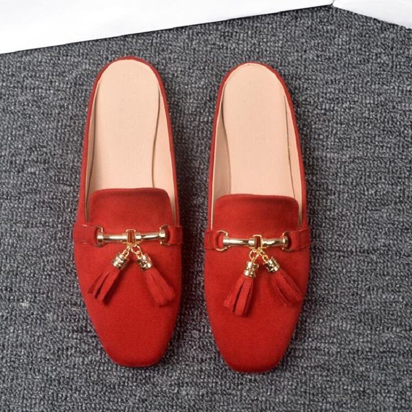 

open toe flat slippers women tassel mules flip flops flat sandalias slip on leather beach shoes woman sandals da35, Black