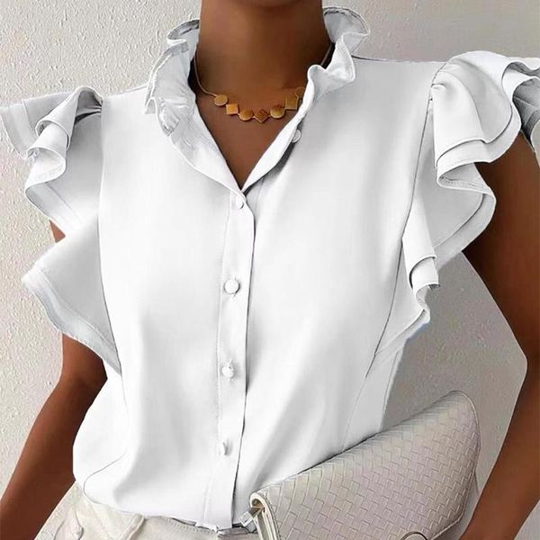 

women's blouses & shirts women ruffles short sleeve shirt collar elegant summer fashion solid female 2022 loose office ladies, White