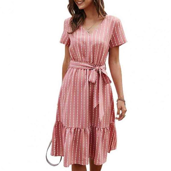 2021 Fashion Ladies Beach Dress Dress Stripe Impressão respirável 5 cores Mulheres V Vestido de roupão solto para compras L220705