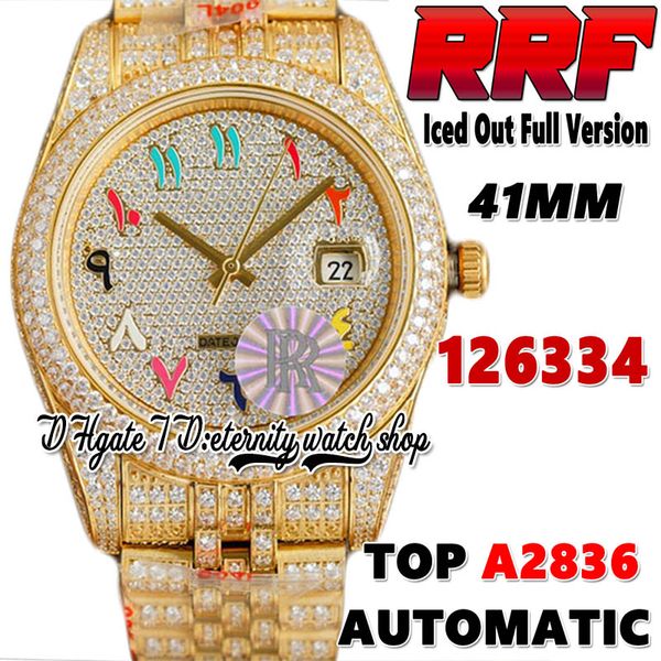 RFF Neueste Produkte tr126334 A2836 Automatik-Herrenuhr yl126300 ew126333 Regenbogen-arabisches Diamanten-Zifferblatt 904L-Stahl Iced Out-Diamant Goldarmband Ewigkeitsuhren