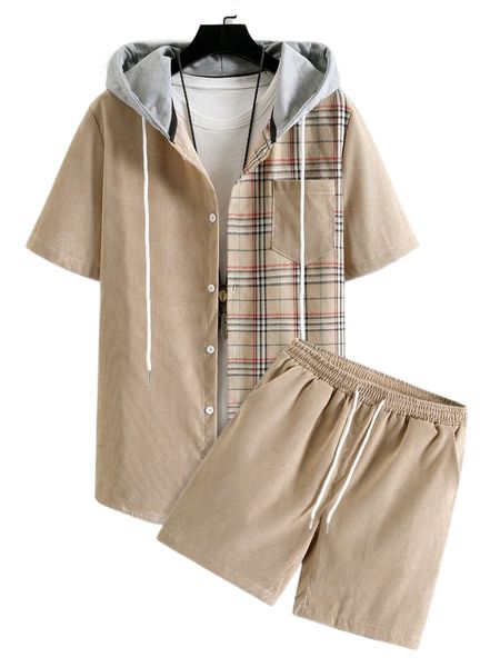 

men plaid print shirt & drawstring shorts without tee d5qz#, Gray
