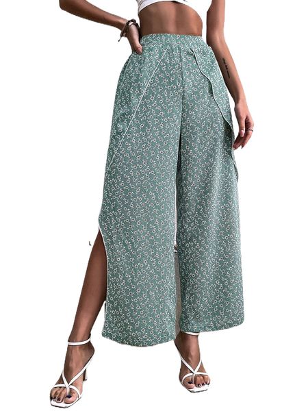 

ditsy floral wrap hem wide leg pants u57t#, Black;white