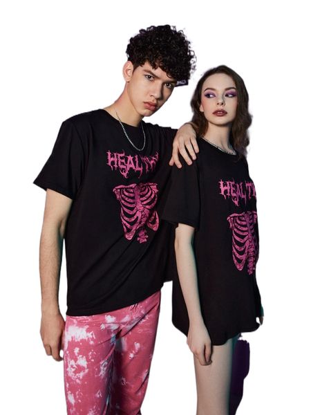 

romwe 1pc skeleton print tee 80dz#, White;black