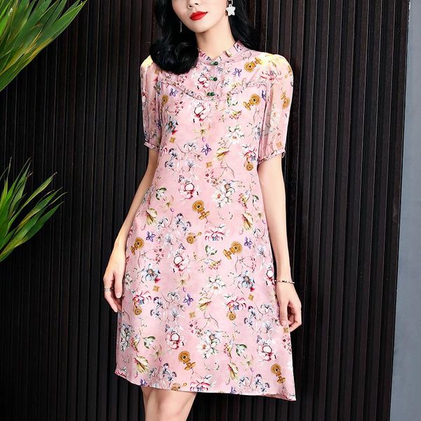 

party dresses 2022 summer women's vintage elegant short sleeve women fashion floral dress a-line real silk woman cheongsam, White;black