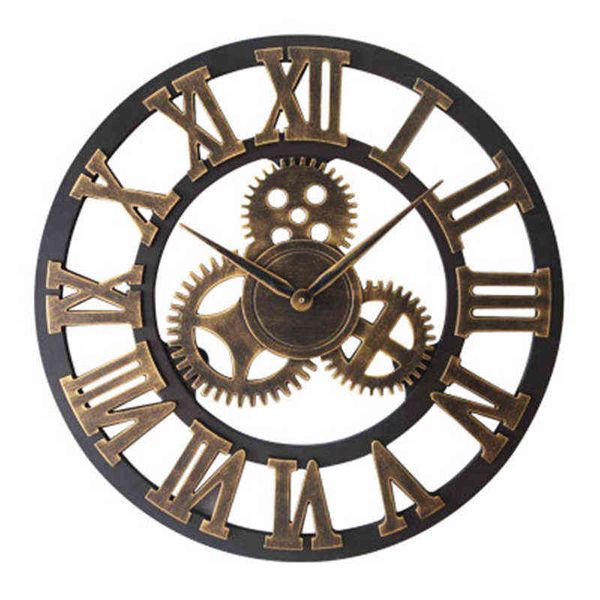 Engrenagem Retrô Grande Relógio de Parede 3D Numeral Romano Noiseless Nordic Gigante De Madeira Vintage Relógios De Madeira Horloge Bar Living Sala Decoração de Casa Arte G220422