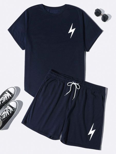 

extended sizes men lightning print tee & drawstring waist shorts f0nu#, Gray