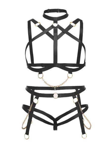 

plus o-ring cut out chain detail harness lingerie set 130s#, Black;white