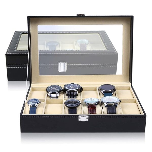 Janela Black Leather Watch Box Case Organizador Profissional para relógios Relógios Jóias de jóias Viagem Display Gift 220624