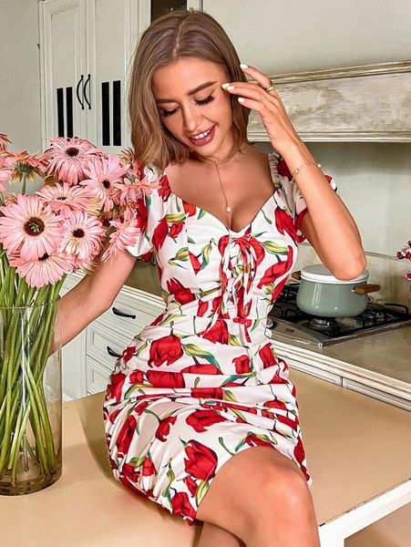 

random floral print ruched lace up front puff sleeve bodycon dress p4ap#, Black;gray