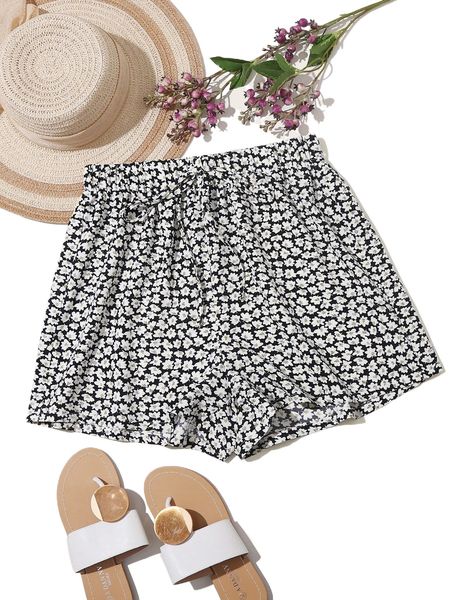 

ditsy floral wide leg shorts u4e9#, White;black