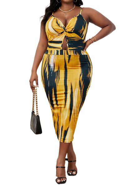 

plus tie dye twist front cami dress e6su#, Black