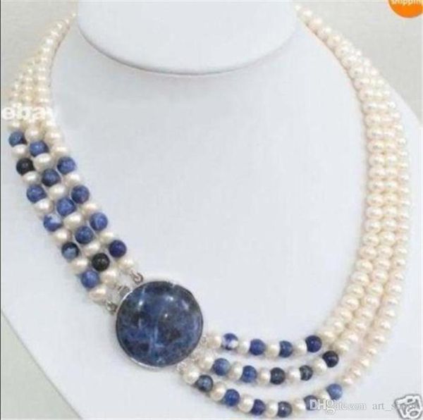 Anhänger Halsketten Details über 3 Reihen natürliche 7–8 mm weiße Zuchtperle Lapislazuli runde Perlen HalsketteAnhänger