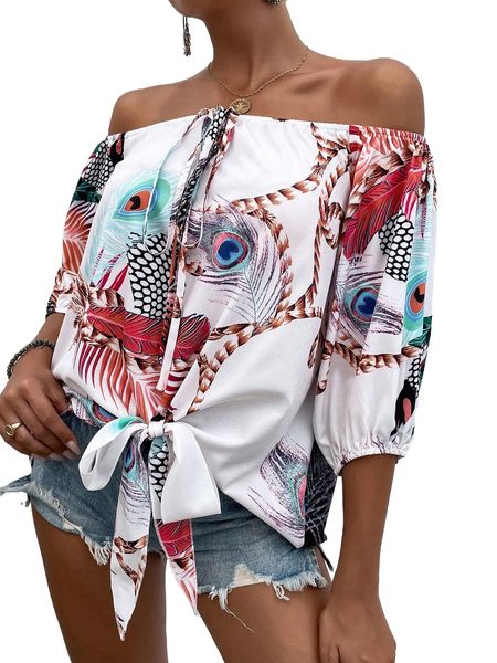 

peacock feather print off shoulder knot detail blouse u7fx#, White