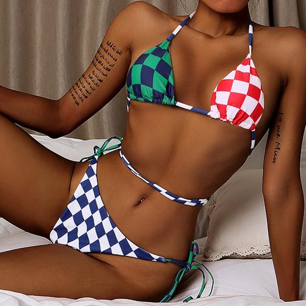

women's swimwear halter side lacing swimsuit for women mini gingham bikini set backless women's bikinis bathing suit salewomen&#03, White;black