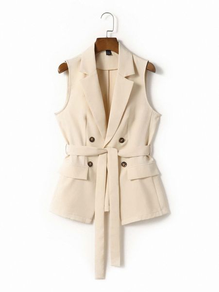 

lapel collar double button placket flap detail belted vest blazer l1bq#, White