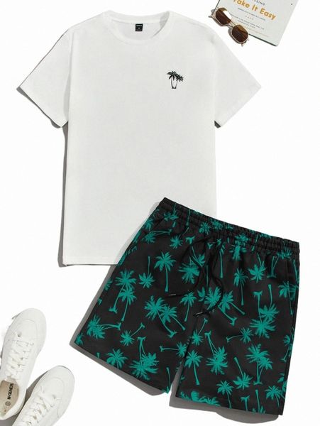 

men palm tree print tee & drawstring waist shorts q5wj#, Gray
