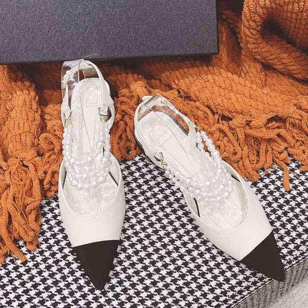 

sandals xiaoxiangfeng pearl sandals women's flat shoes autumn fairy style pointed color matching thick heel versatile single, Black