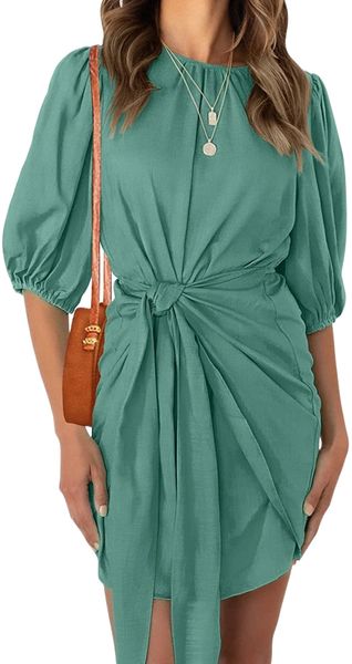 

womens casual summer plaid crewneck lantern sleeve wrap tie waist party short mini dress 14ki#, Black;gray