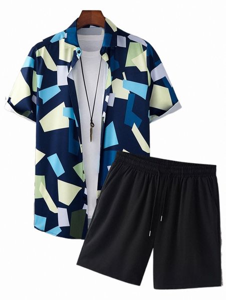 

men random geo print shirt & drawstring waist shorts without tee f71x#, Gray