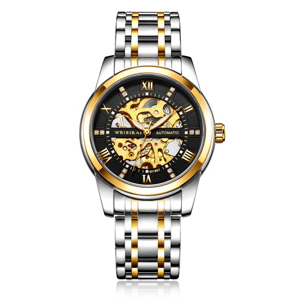 

watches skeleton watch automatic mechanical hollow visible dial luminous hands stainless steel waterproof wristwatch, Slivery;black