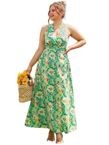 

sbetro plus floral print crisscross tie backless halter dress a0o9#, Black