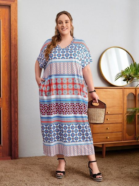 

emery rose plus all over geo print slant pocket dress 45i3#, Black