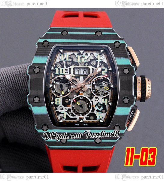 2022 NTPT Eta A7750 Cronografo automatico Orologio da uomo Nero Blu Cassa in fibra di carbonio Grande data Quadrante scheletrato Gomma rossa Super Edition 6 Stile Puretime01 E268-11-03E5