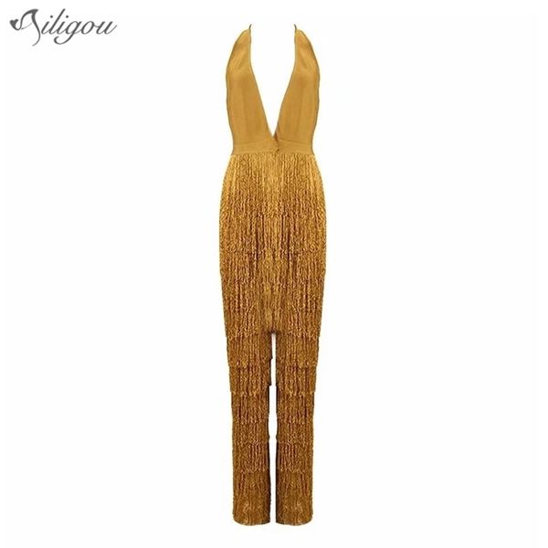 

ailigou new summer ladies bandage jumpsuit yellow tassel bodycon jumpsuit club v-neck club party spandex jumpsuit t200509, Black;white