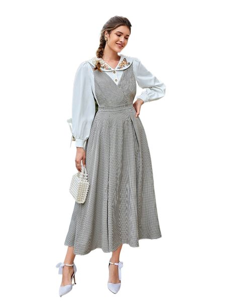 

plaid print fold pleated pinafore dress f6an#, Black;gray