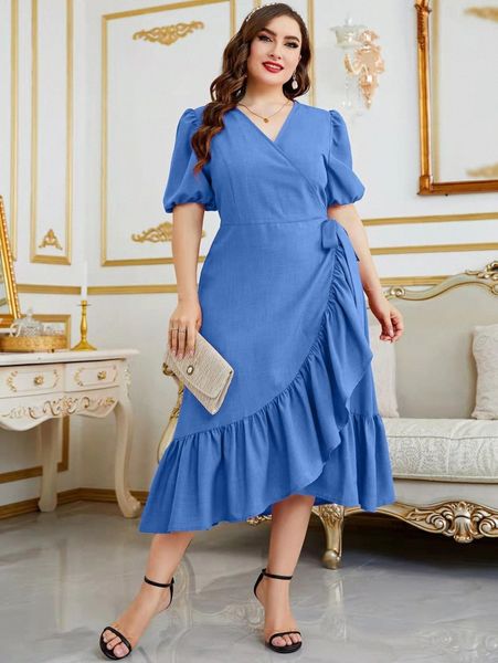 

plus puff sleeve ruffle trim tie side wrap dress x4v1#, Black