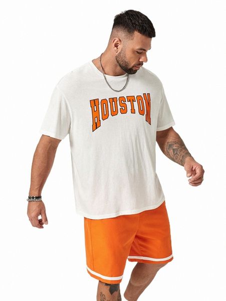 

extended sizes men letter graphic tee & drawstring waist shorts u51k#, Gray