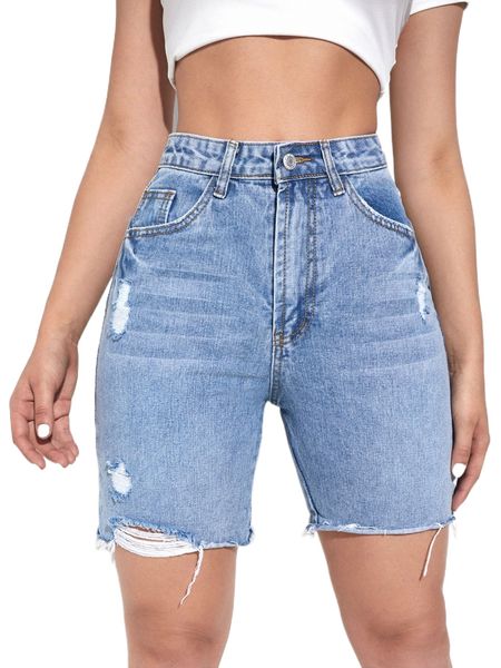 

high waist ripped raw hem denim shorts x1su#, White;black