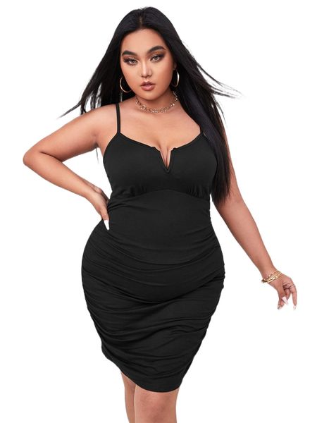 

plus notched neck ruched cami bodycon dress o7ip#, Black