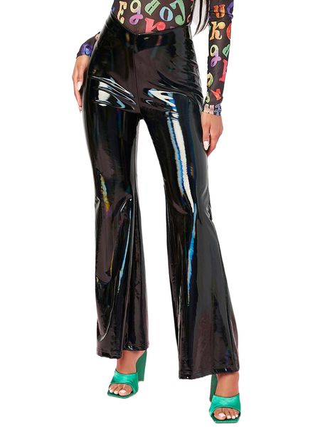 

flare leg faux leather pants h6d9#, Black;white