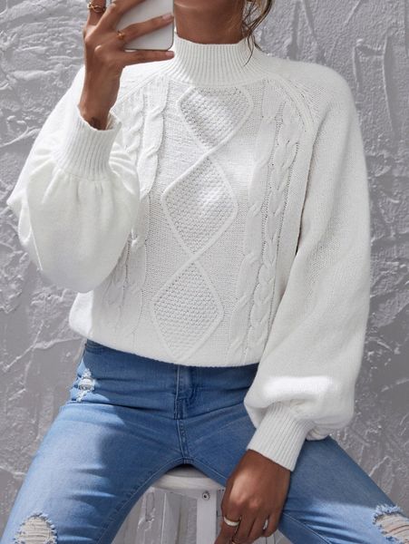 

cable knit mock neck lantern sleeve sweater 61qz#, White;black