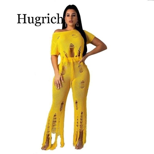 

yellow knitted two piece sets tracksuit women festival clothes one shoulder short sleeve crop and hollow hole wide leg pants t200821, White