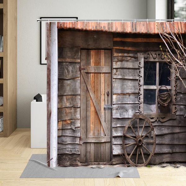 Cortinas de chuveiro Porta de madeira retrô Casas de nostalgia antiquada da construção de banheiro em casa poliéster à prova d'água com gancho de gancho