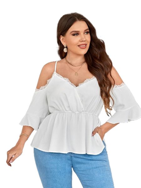 

plus cold shoulder lace trim peplum blouse x9jk#, Black